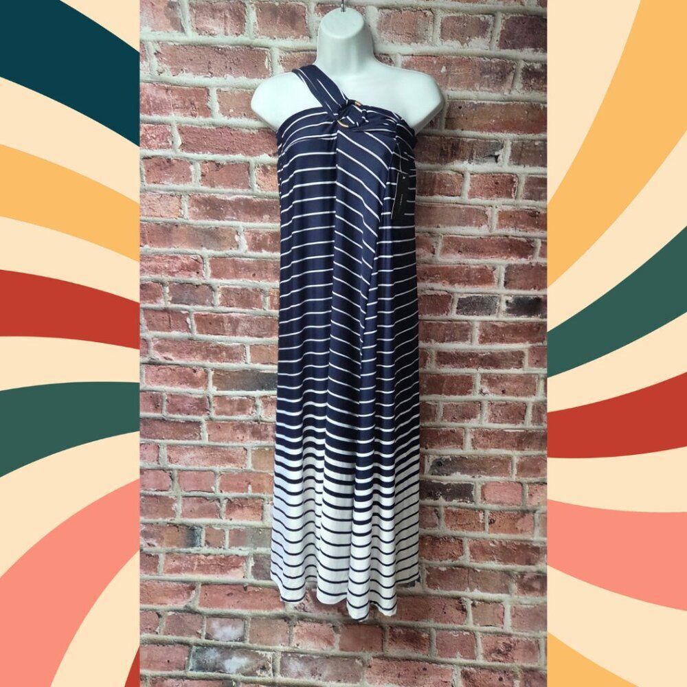 Robert Louis Navy & White Striped‎ A-Line Midi Dress – Women’s Medium